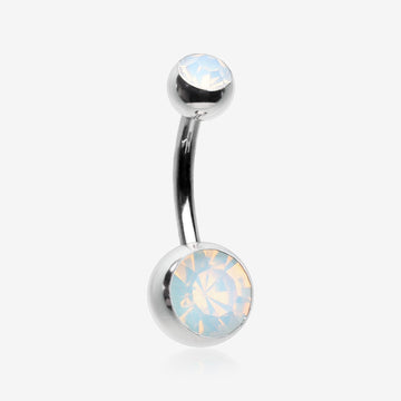Opalite Double Gem Ball Steel Belly Button Ring-White